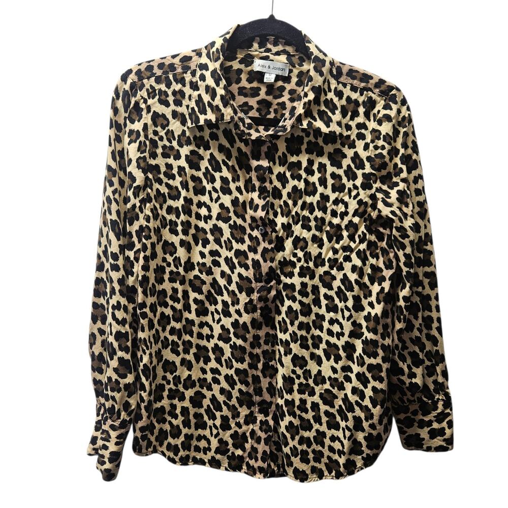 Alex & Jordan Women's Tan Black Leopard Print Button Up Blouse Medium